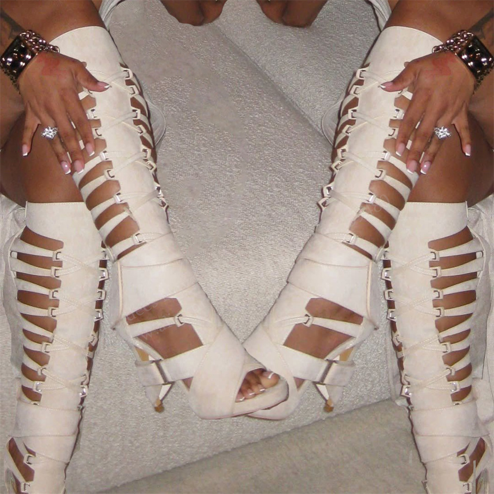 High Knee Heel Boots - Botas altas de gladiador con hebilla