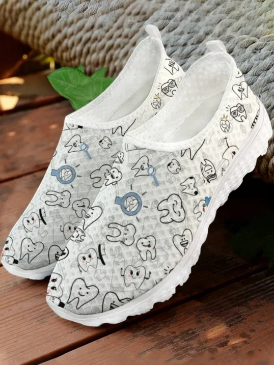 Women Shoes Tennis - Zapatillas Blancas con Estampado de Dientes