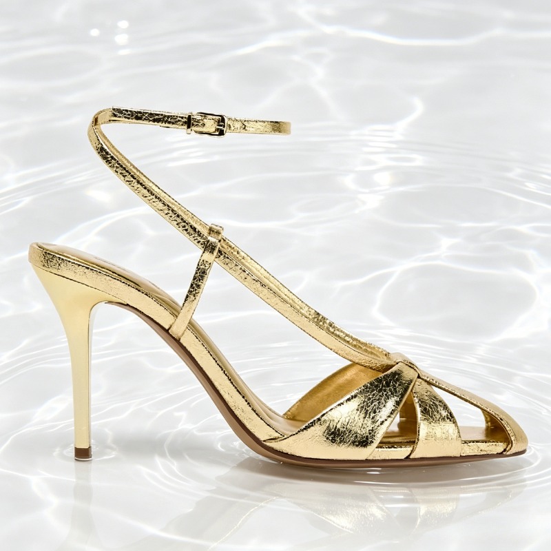 Sandalias de tacón fino dorada - Women Shoes Brands reseña y precio